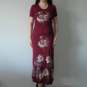 Vintage fitted knit maxi t-shirt dress bird phoenix print size XS Small maroon